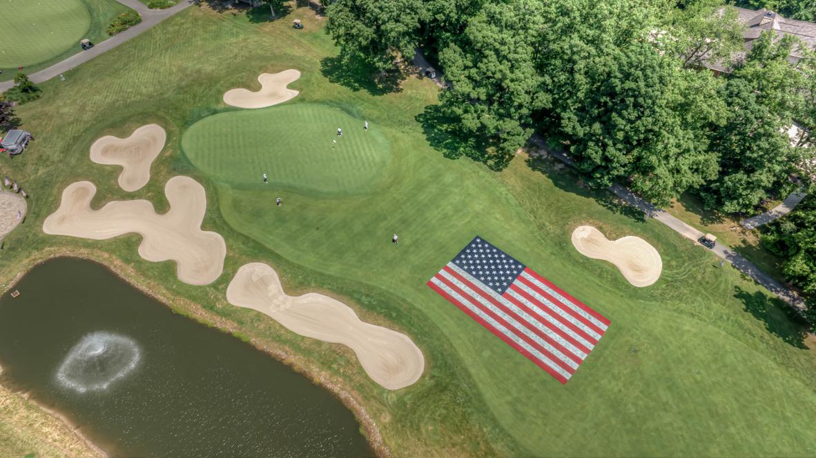 Aerial view — American flag on the Westwood fairway