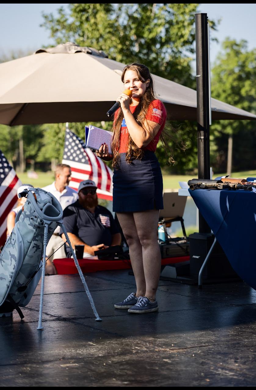 Folds of Honor scholarship recipient speaking at the 2025 Patriot Classic